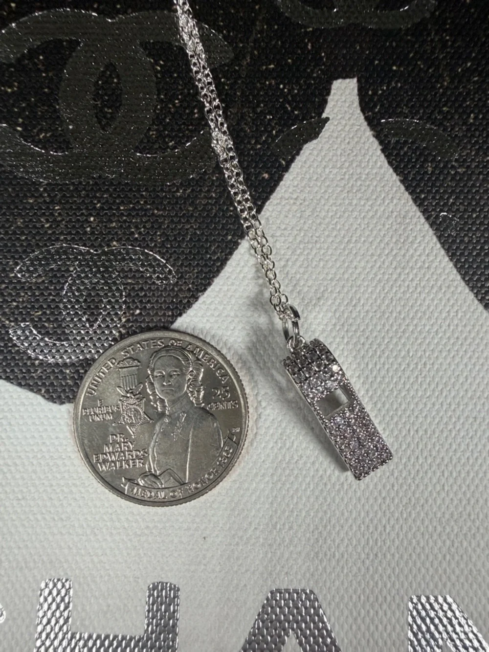 Super Unique Upcycled CC Whistle Rhinestone Charm on 18” 925 Chain - Picture 6 of 7